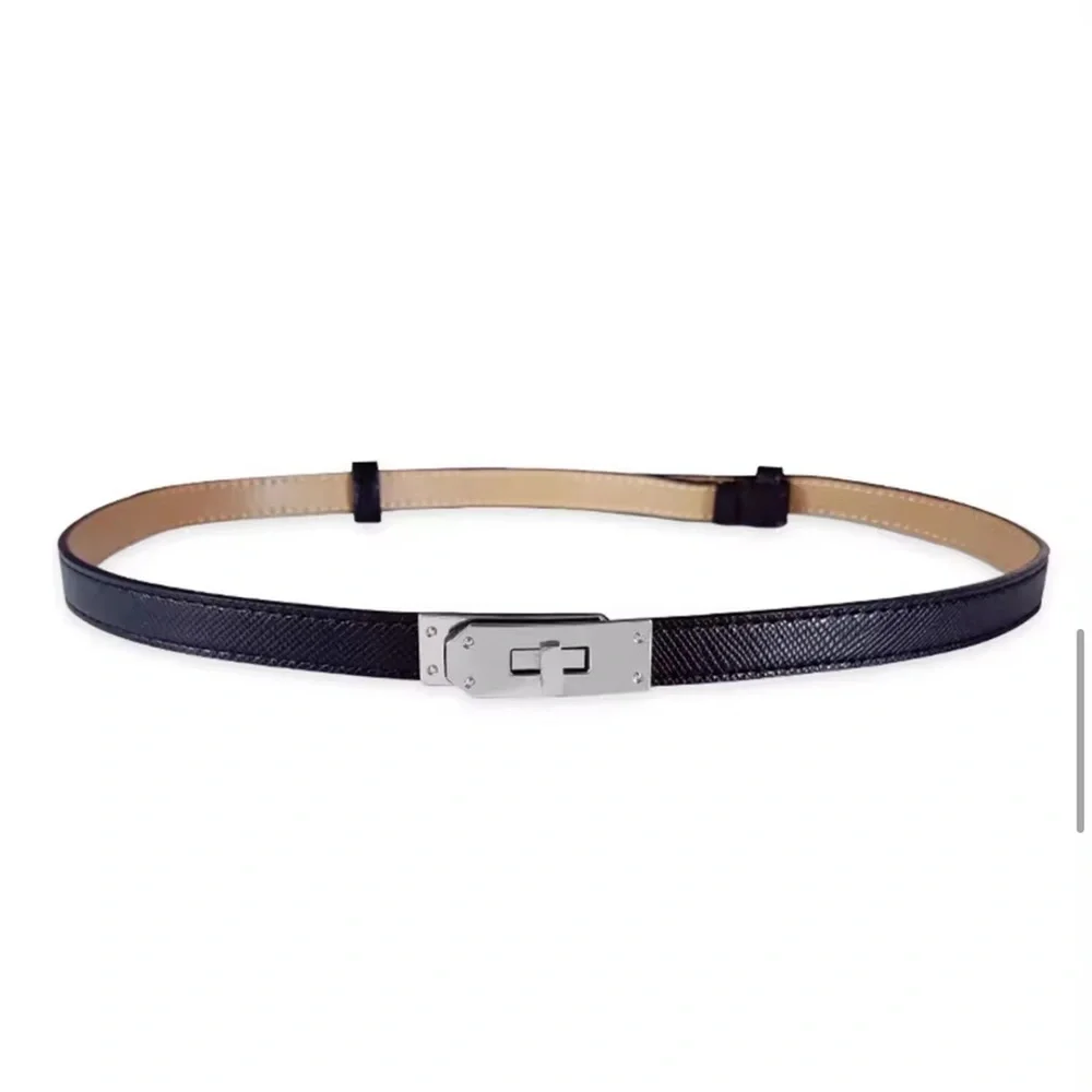 NWT Luxury Brand Black Leather Belt Designer Silver Alloy Kelly Buckle